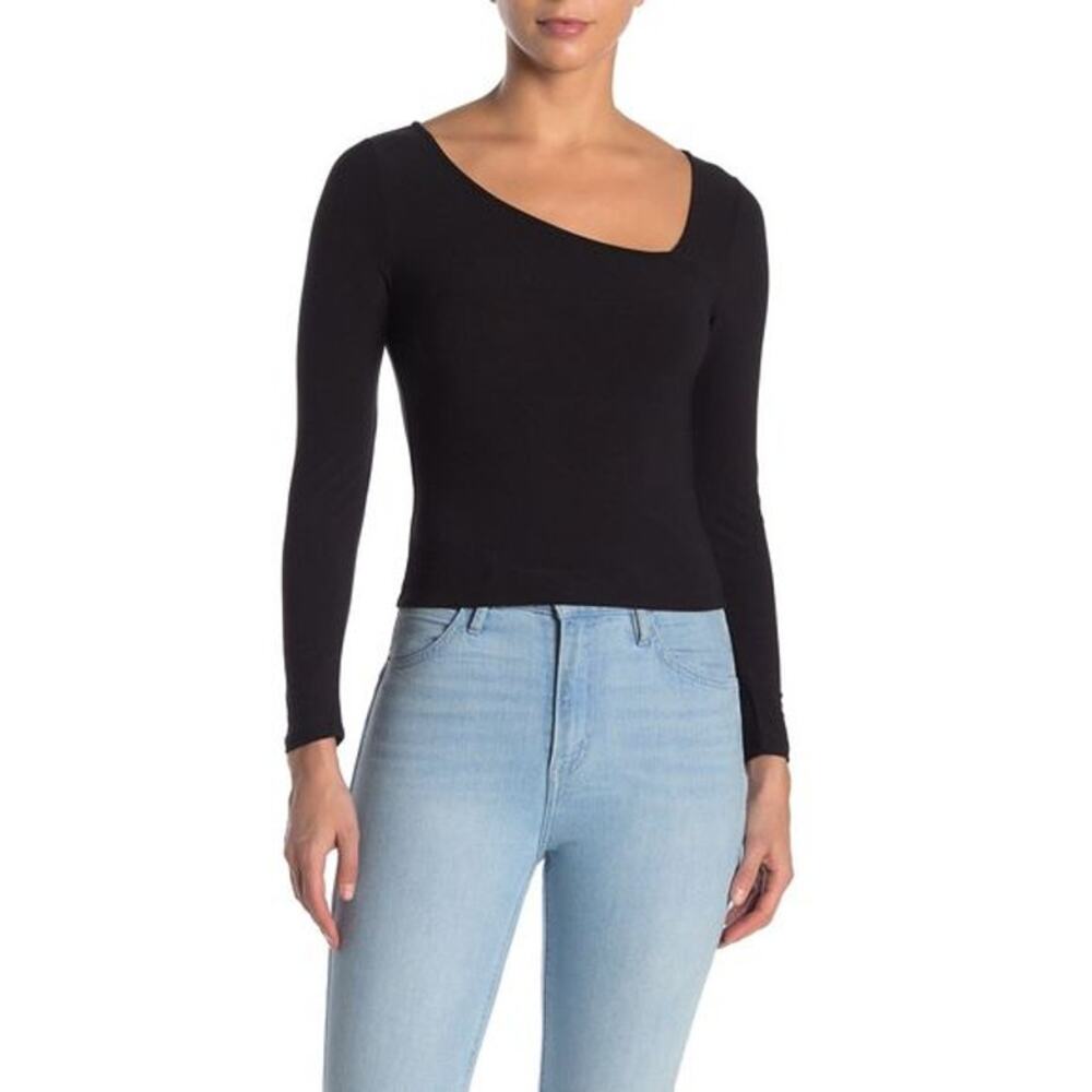 Free Press Asymmetrical Neckline Long Sleeve Top Black Size XX-Small